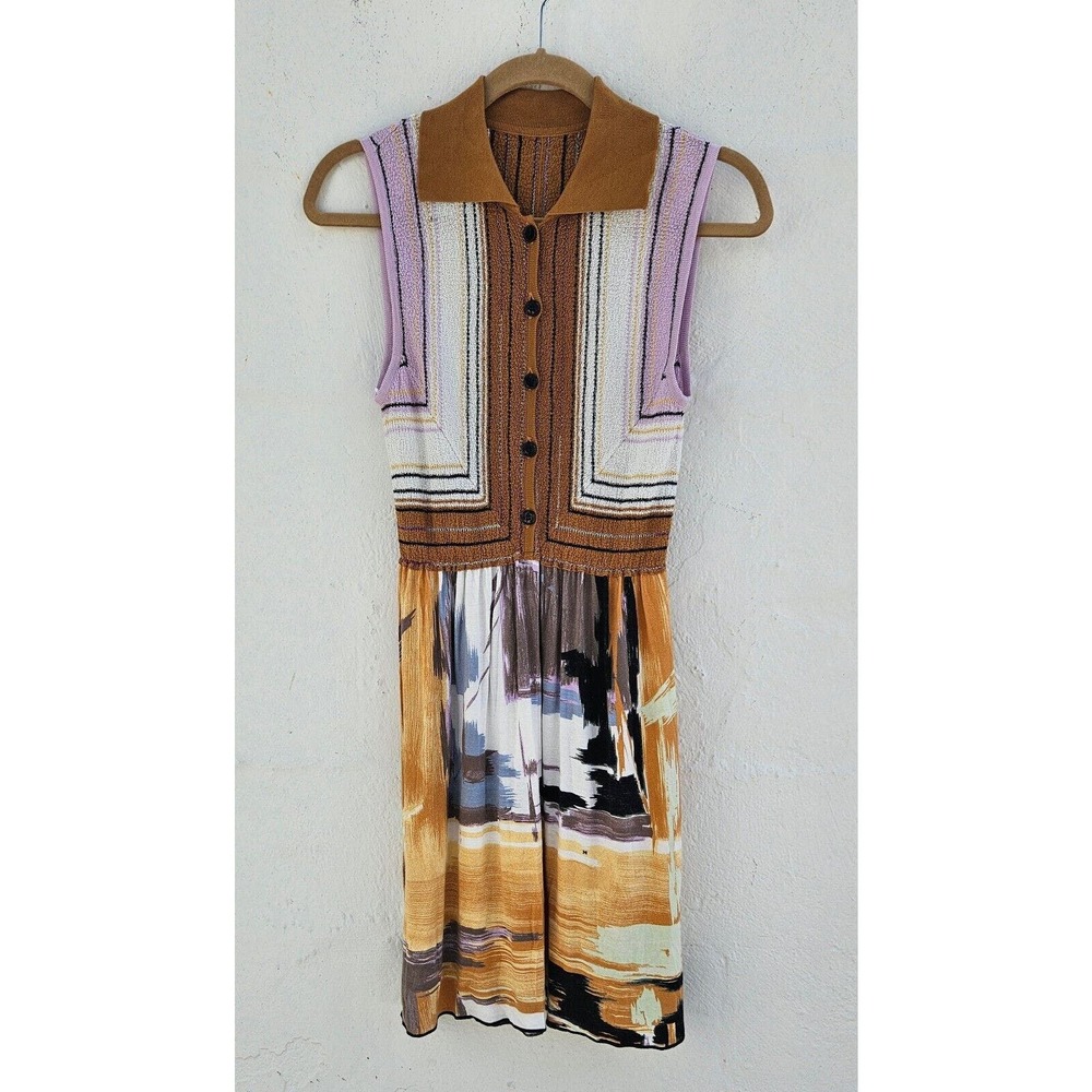 Missoni Womens Dress 6 Yellow Multi Knit Button Up Sleeveless Contrast Skirt